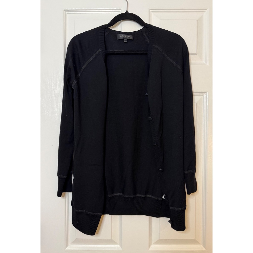 St John Black Wool Blend Button Front Long Sleeve Cardigan Sweater‎ Size P